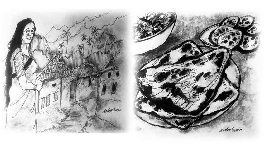 Indu Mashi and her traditional breakfast of triangular parathas accompanied by begun bhaja (brinjal fries) and some alu-kumro chenchki (potato-pumpkin dry curry) 