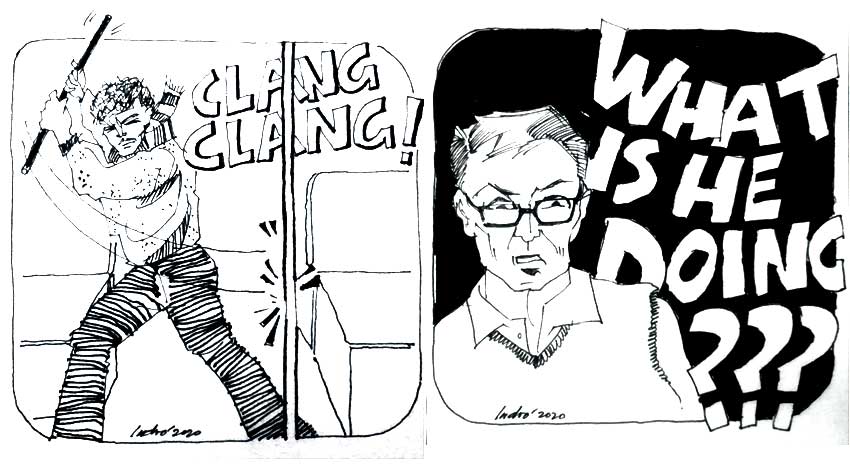 The co-passenger starts hitting the seat and the alley with a rod which made the author ask him what is he doing?