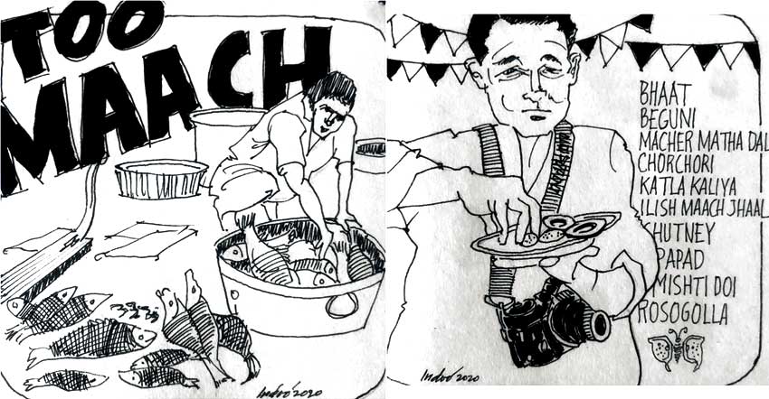 Illustration depicts a scene from fish market and a man enjoying his meal