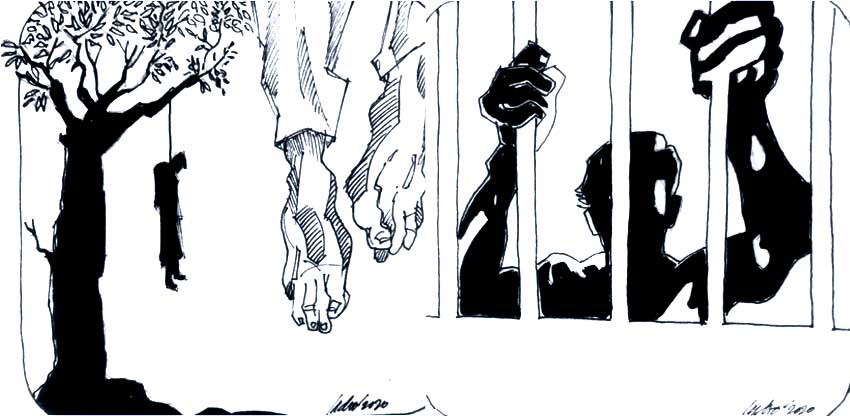 Illustration depicending his life by hanging himself from the Neem tree, within the courtyard. 