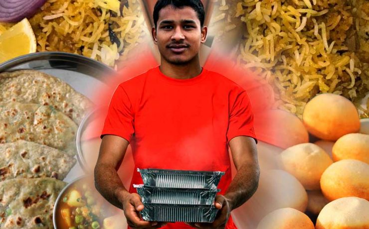 Delivery Boy with a Biriyani packed in an Alumium Box, thinking about the food his mother used to cook for him