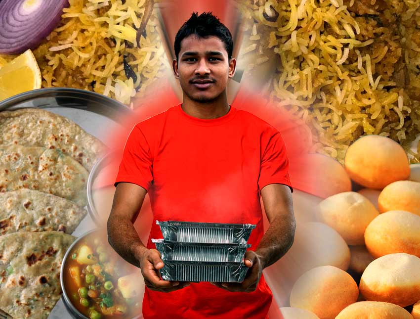 Delivery Boy with a Biriyani packed in an Alumium Box, thinking about the food his mother used to cook for him