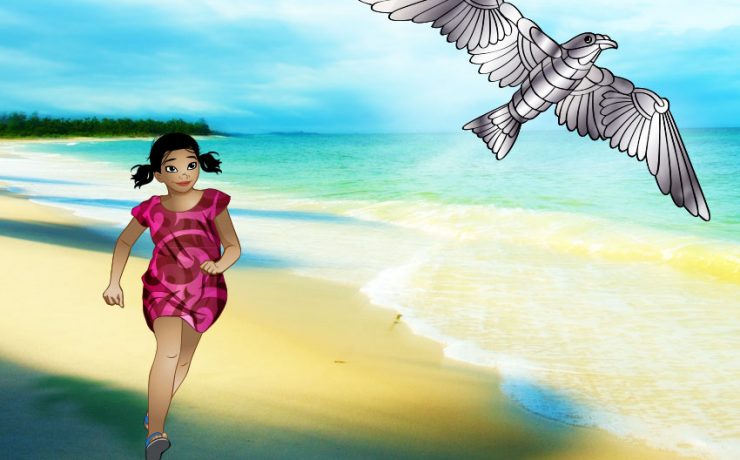 Lulu chasing the mechanical silver crow