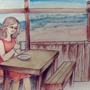 Vidhi sitting at the Dhaba by the sea beach