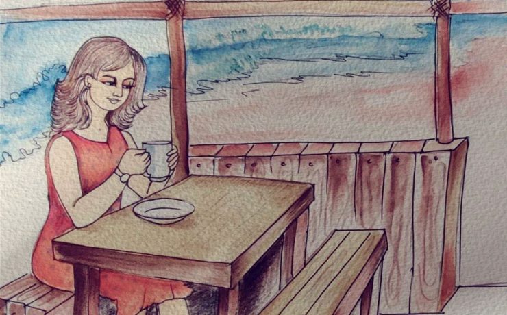 Vidhi sitting at the Dhaba by the sea beach