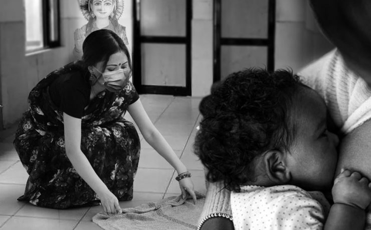Gauri mopping the floor of the hospital, while Suman is feeding the baby