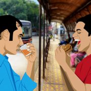 two brothers having tea and egg-puffs whicle standing near a bus stop observing the buses and the travellers