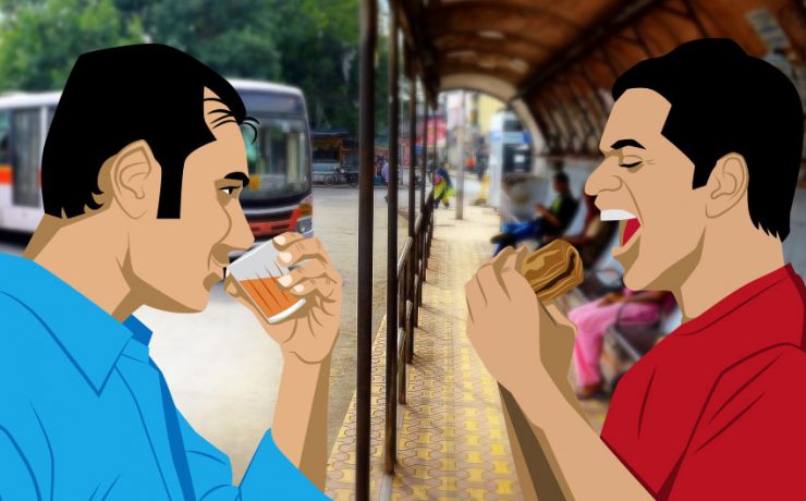 two brothers having tea and egg-puffs whicle standing near a bus stop observing the buses and the travellers