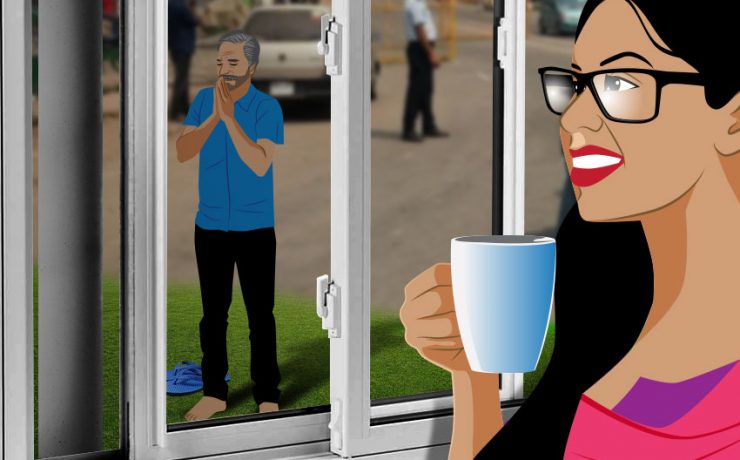 Rihaa watching a man praying to a pillar