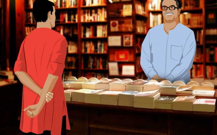 Nibaran talking to the middle aged book shop owner