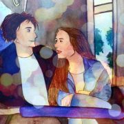 John and Sandy talking to eah other while riding in a bus