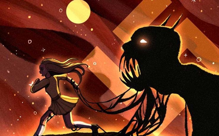 A young girl running away from a nazi monster