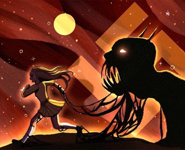 A young girl running away from a nazi monster
