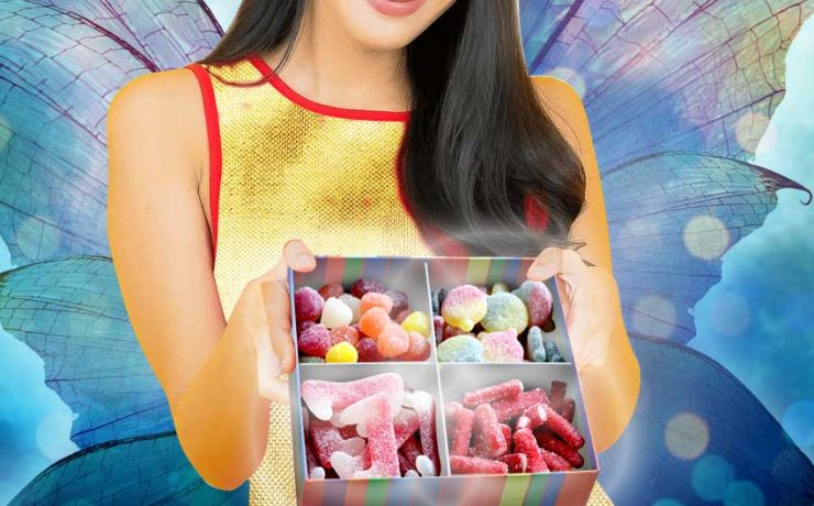 A fairy with a box full of candies in her hand