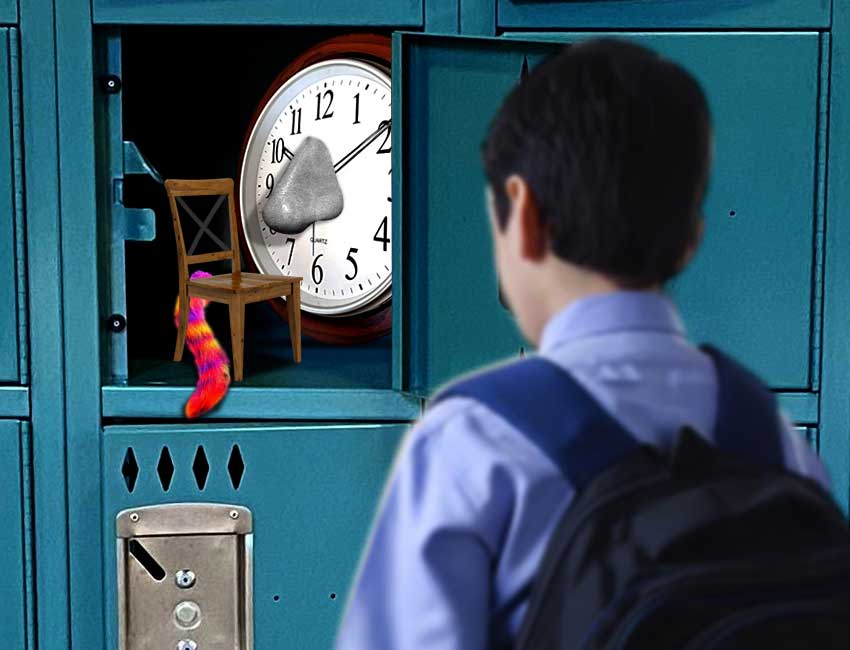 A chair with a furry tail and a wall clock with a big grey nose in a school's locker found by a boy