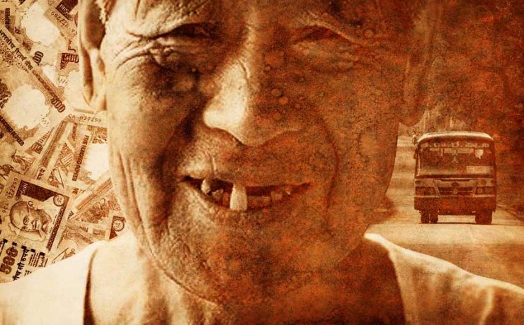 A man smiling with money and a bus ride in the background