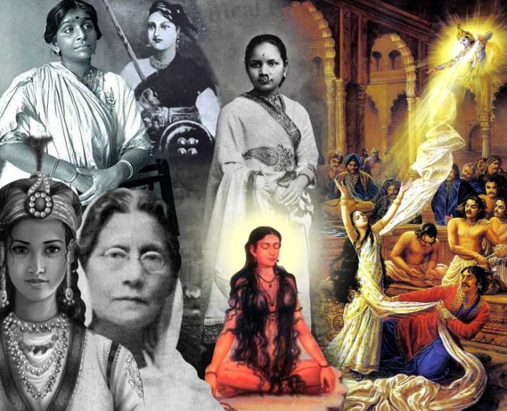 On ocassio of নারী দিবস a picture collage of women from different era - Draupadi, Sarojini Naidu, Razia Sultana, Kadambini ganguli, Matangini Hajra. Rani Laxmi Bai