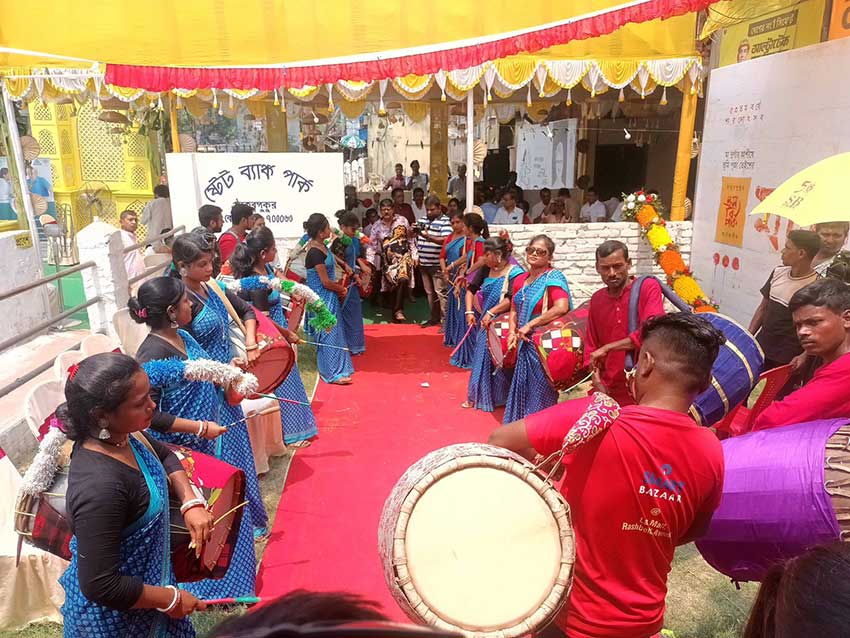 Women Dhaki players at the Khuti Puja