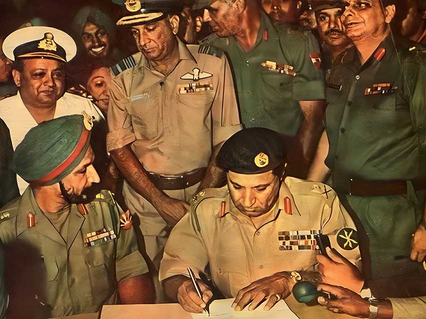 Lt. Gen. A. A. K. Niazi of the Pakistan Army signing the Instrument of Surrender under the direction of Lt. Gen. Jagjit Singh Aurora of the Indian Army and Bangladesh Forces